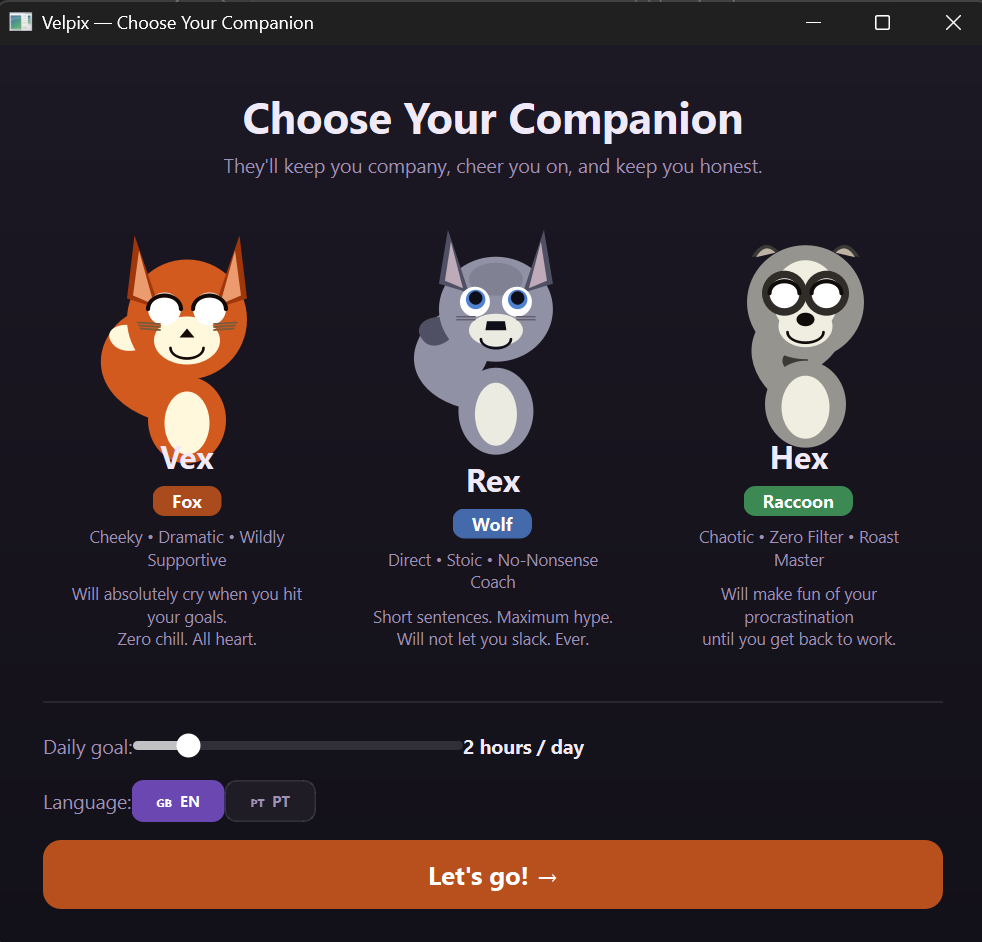 Choose between Vex the Fox, Rex the Wolf, or Hex the Raccoon